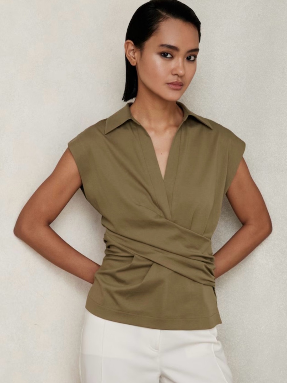 Reiss Stretch-Cotton Wrap-Front Cap-Sleeve Collar Top in Khaki Green - S